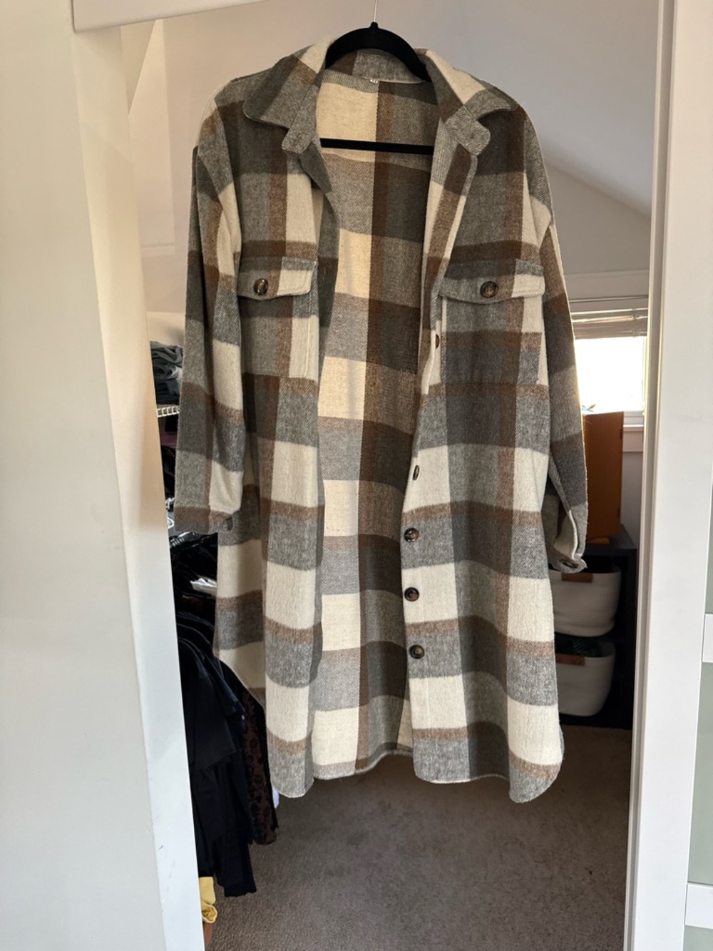 Plaid Shacket Jacket in Cream, Gray & Brown